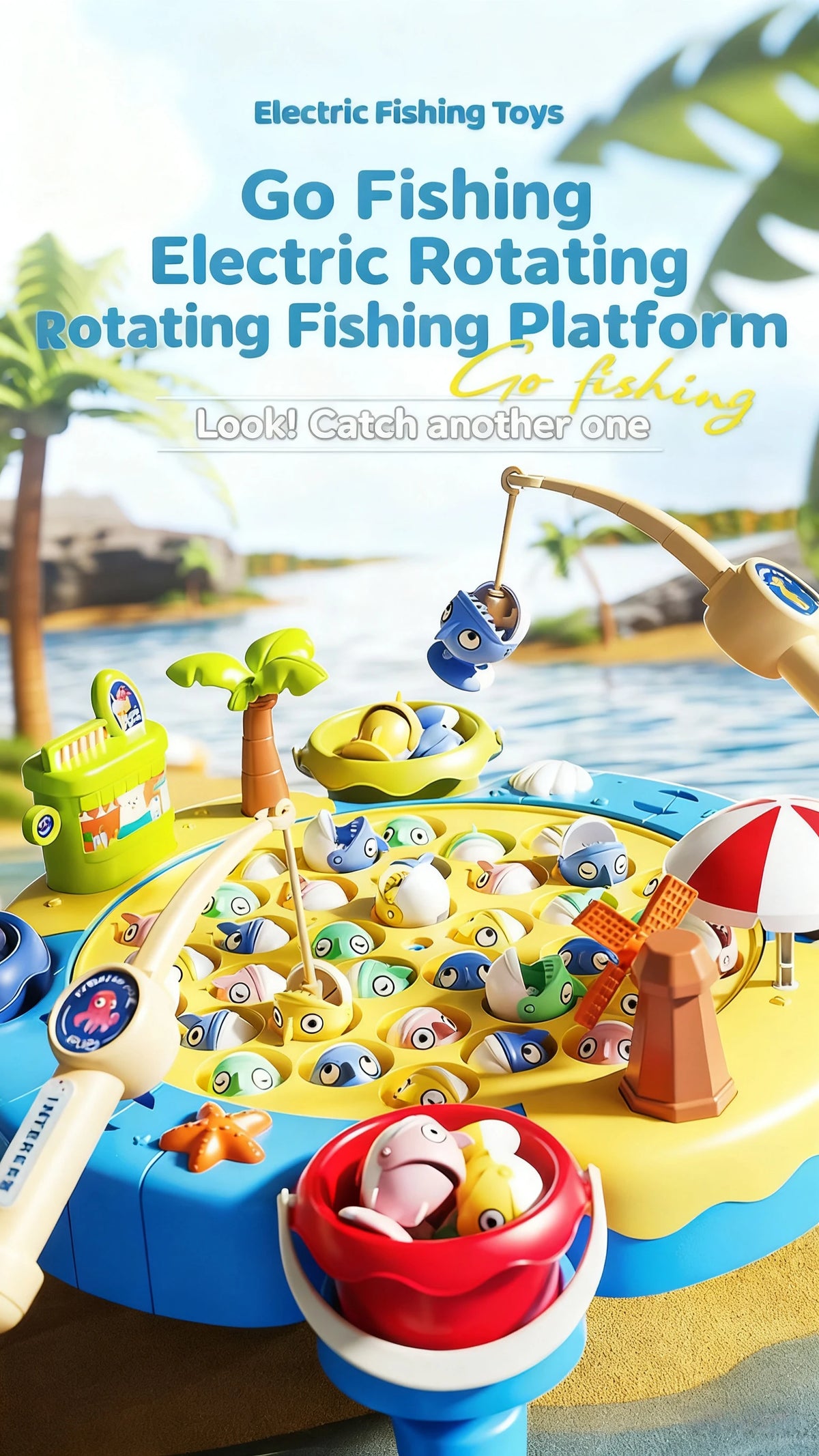 A yellow floating platform with various fish and sea creatures is shown in an outdoor fishing game setup.