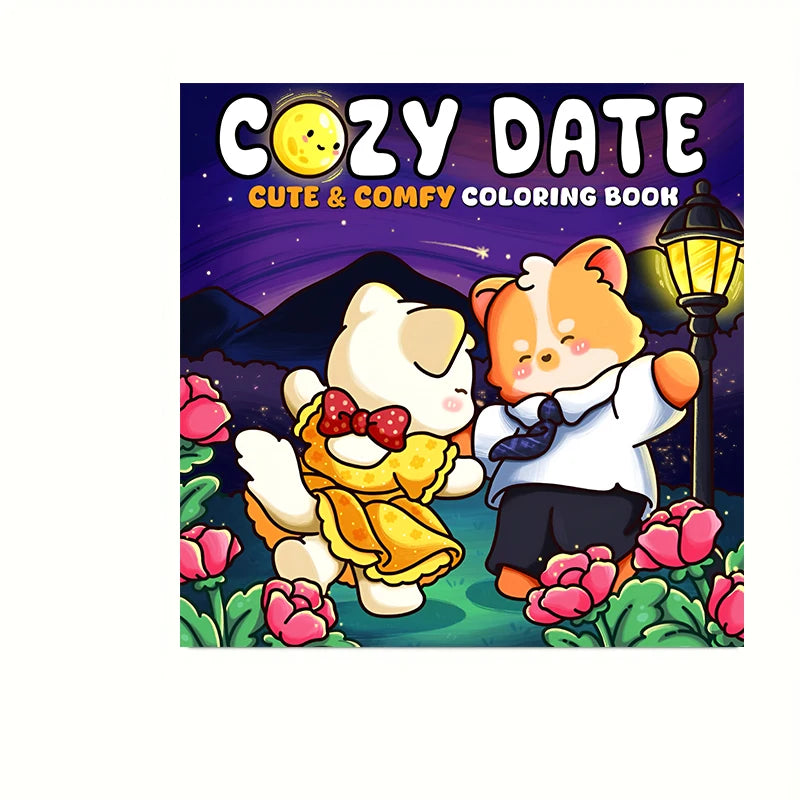 A cute orange kitten and a white bear cub are featured in a coloring book cover design with a yellow sun and purple backgroun