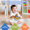 A baby is playing with a colorful Montessori educational toy designed to develop fine motor skills and hand-eye coordination.