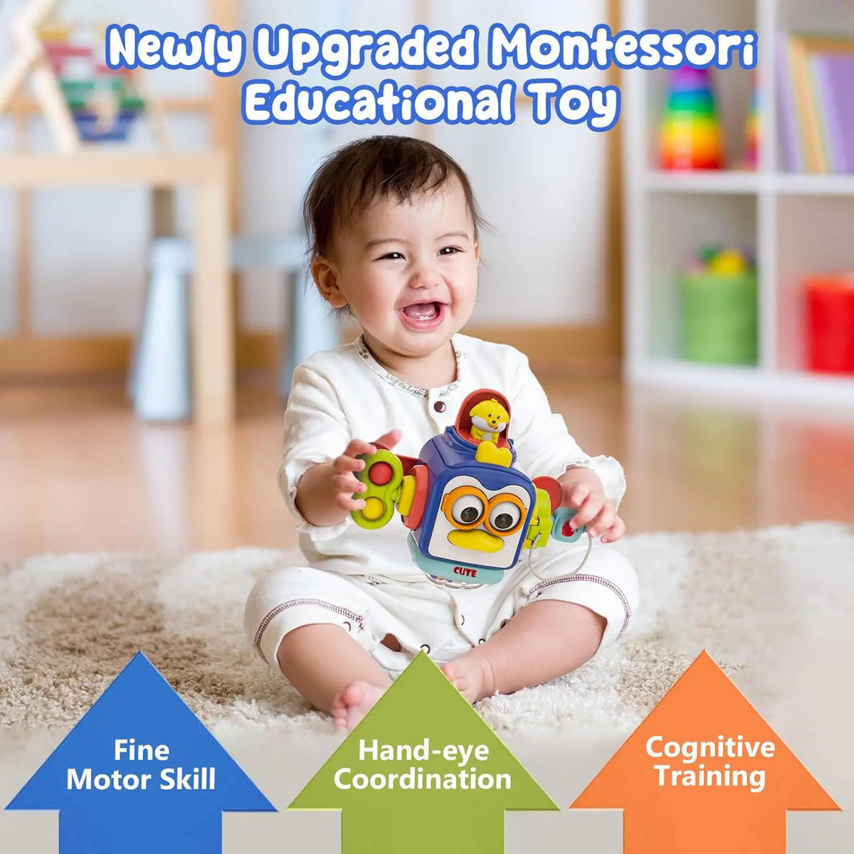 A baby is playing with a colorful Montessori educational toy designed to develop fine motor skills and hand-eye coordination.