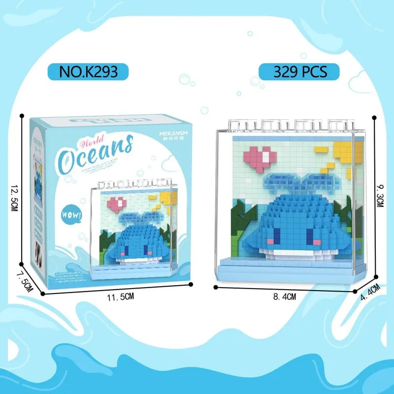 A box of 329 pieces of Ocean Animals building blocks featuring shark, dolphin, and whale mini models.