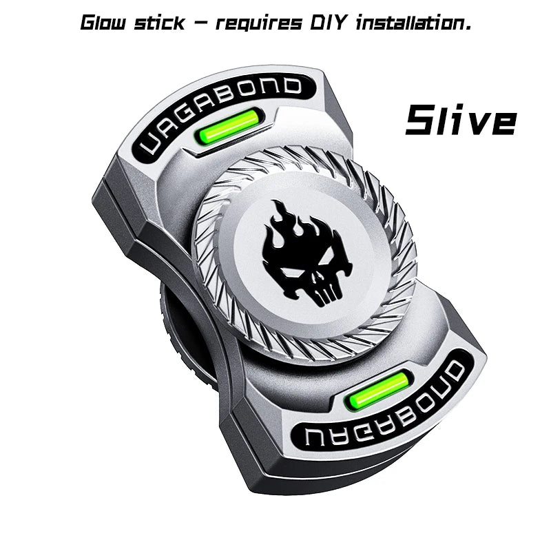 A silver magnetic fidget spinner with push buttons, featuring a skull design and glow stick indicators.