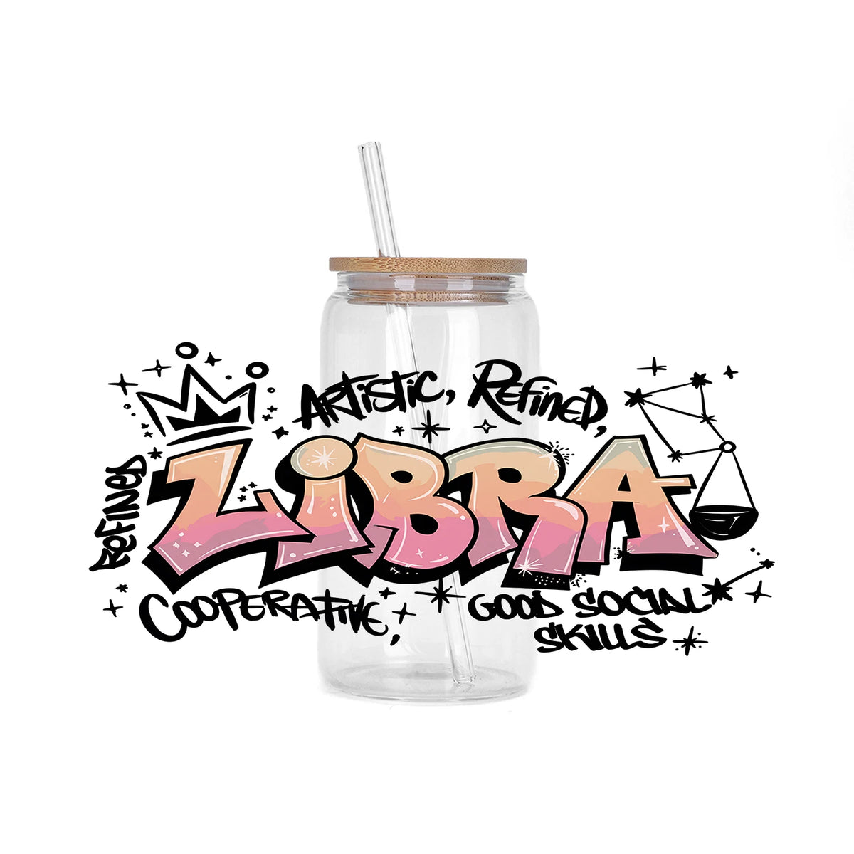 A clear glass bottle with a straw contains liquid and features graffiti art for the Libra zodiac sign.