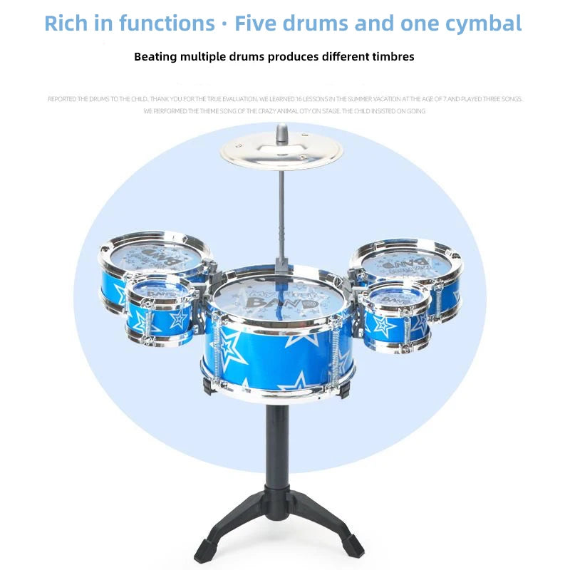A kids jazz drum set featuring five drums and one cymbal mounted on a stand.