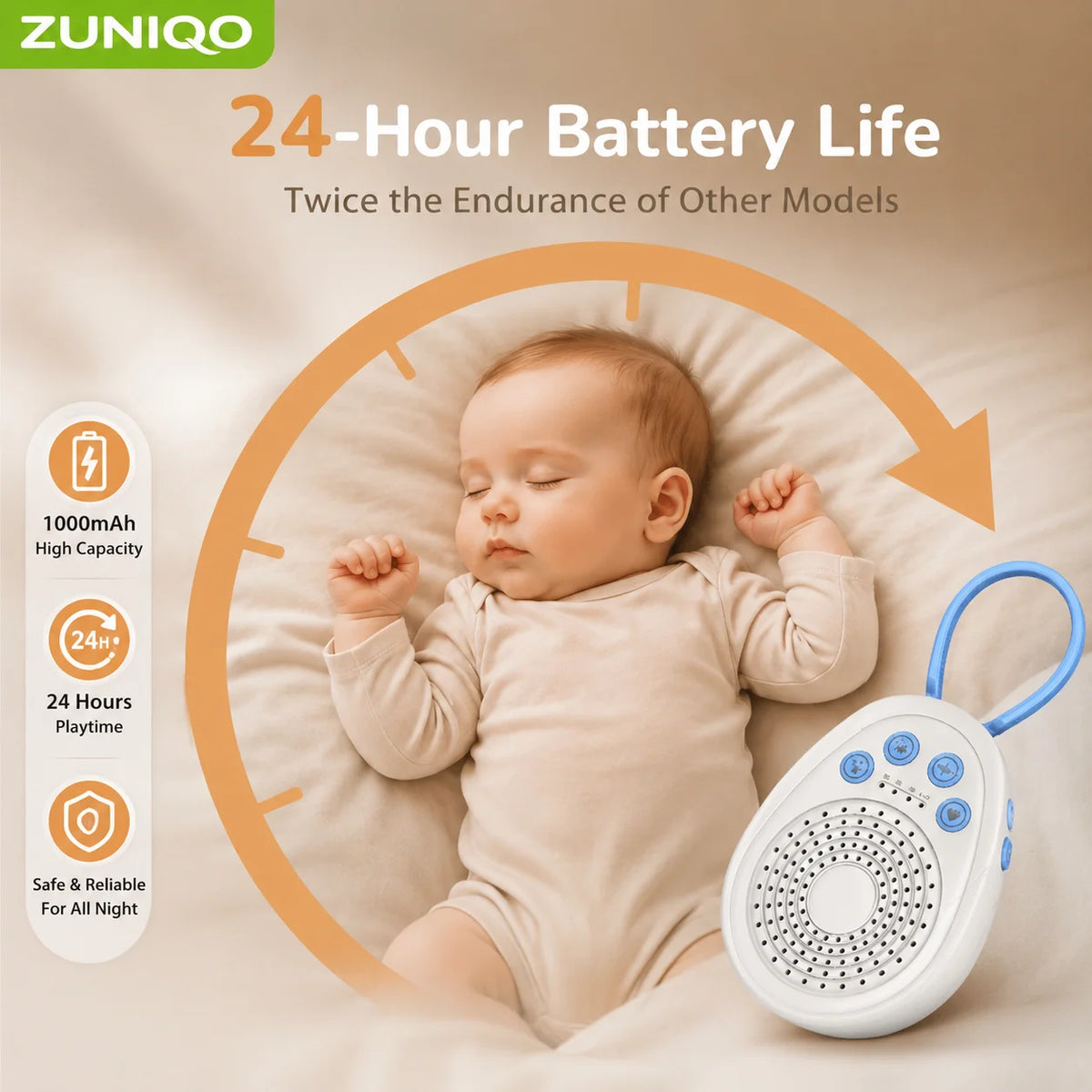 A baby is sleeping peacefully next to a portable white noise machine for baby with 20 soothing sounds.