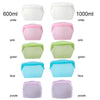 A grid showing reusable silicone storage bags in various sizes and colors including white, pink, green, blue, and purple.