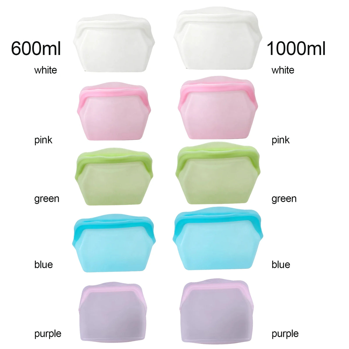 A grid showing reusable silicone storage bags in various sizes and colors including white, pink, green, blue, and purple.