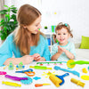A colorful complete dough tools kit for kids featuring animal cutters, a rolling pin, and an extruder on a white surface.