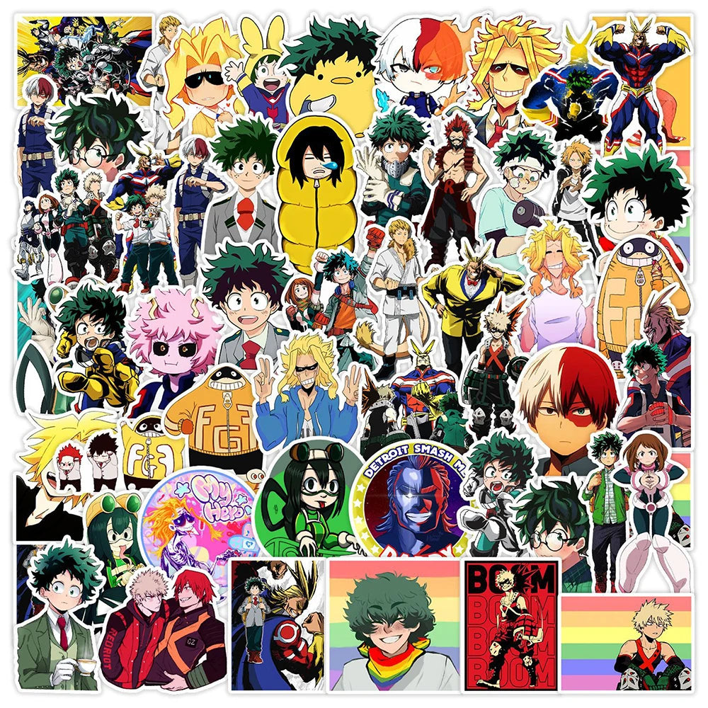 A collection of My Hero Academia anime character stickers and decals for laptops and water bottles