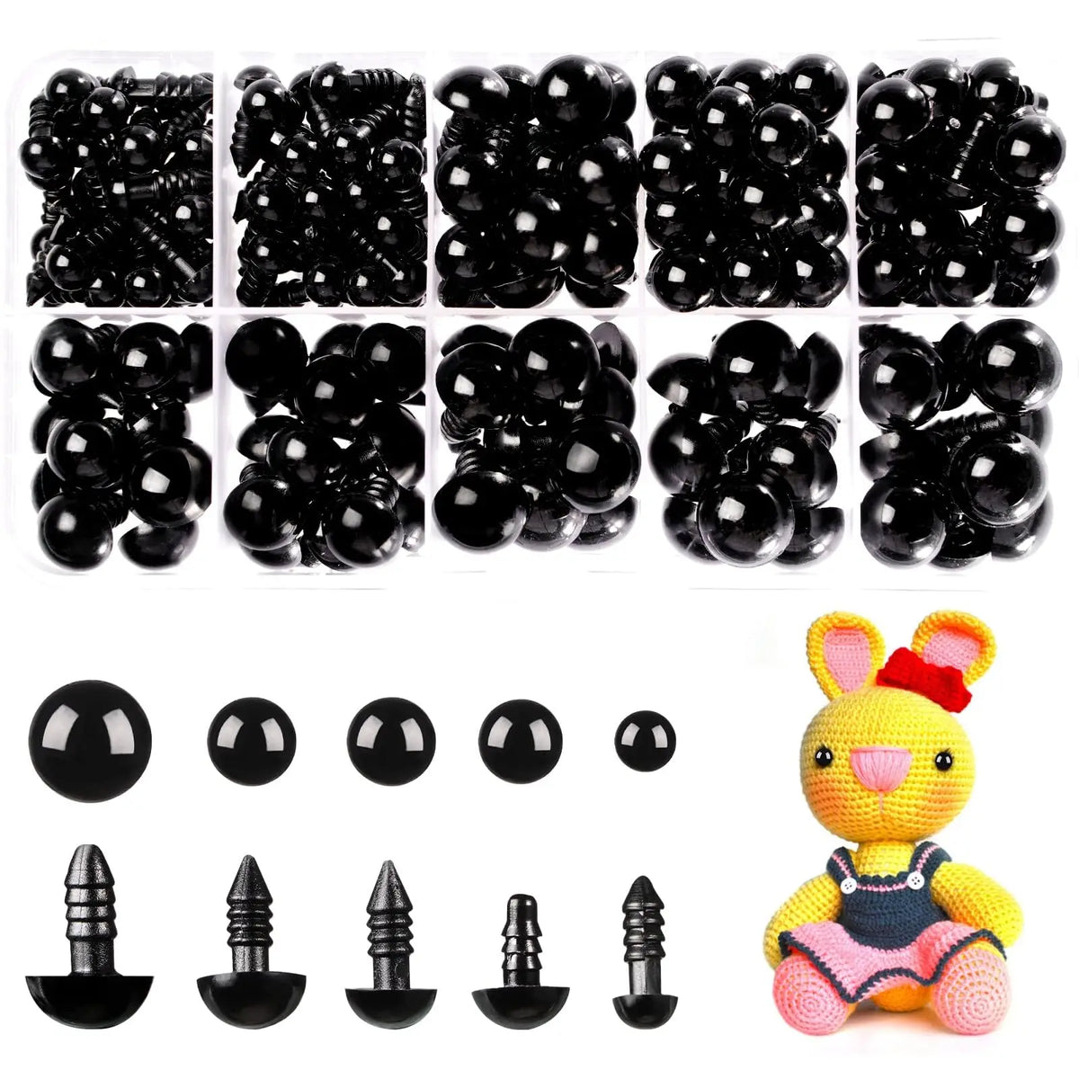 A collection of black safety eyes in various sizes and shapes for use on amigurumi and plush toys.