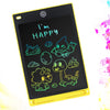 A black writing tablet displaying the text I'm HAPPY in neon green lines, surrounded by various dinosaur and nature doodles.