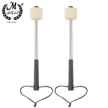 A pair of professional wool felt bass drum mallets with non-slip metal handles and black straps.