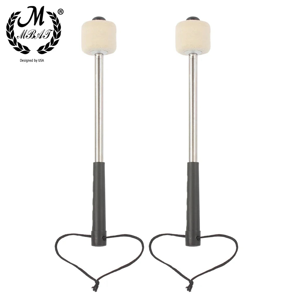 A pair of professional wool felt bass drum mallets with non-slip metal handles and black straps.