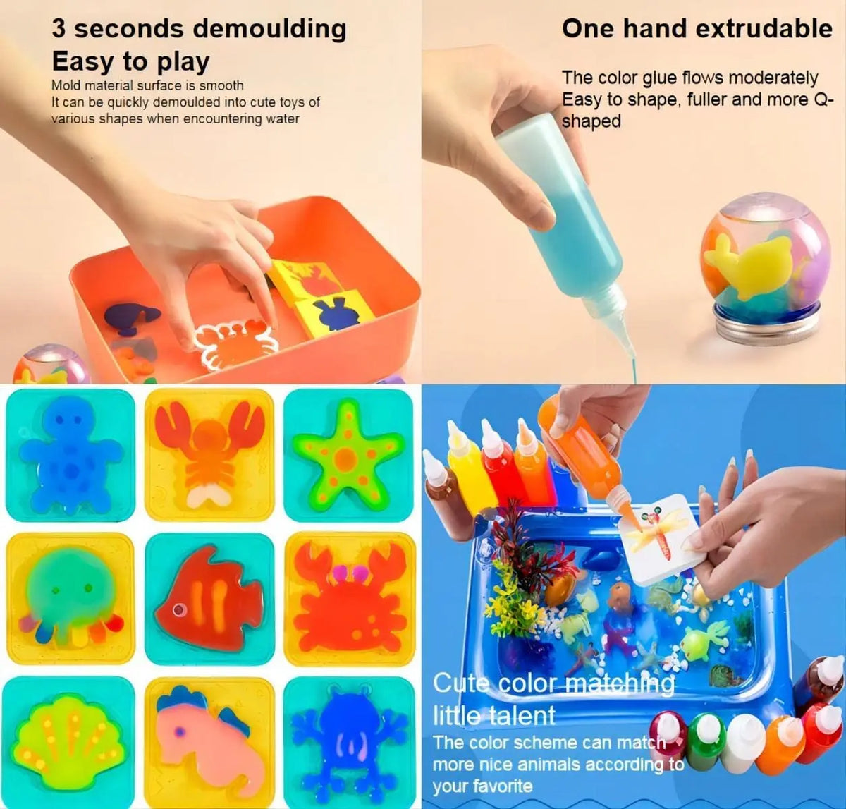 A colorful kit of water animal beads and toys shown with hands demonstrating molding and extruding.