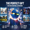 A blue magic deformation flying saucer ball toy with glowing eyes is shown in a gift box surrounded by celebratory sparks.