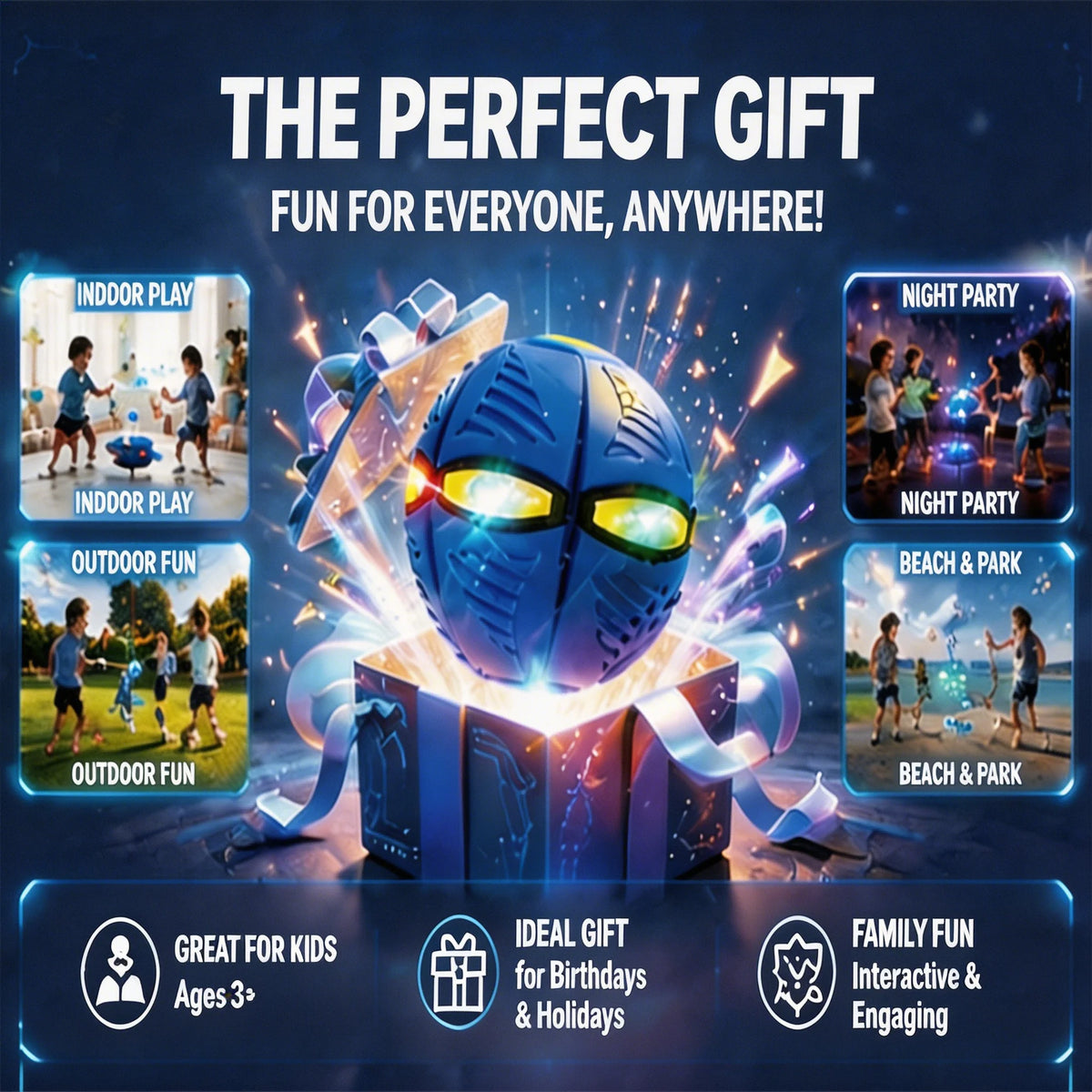 A blue magic deformation flying saucer ball toy with glowing eyes is shown in a gift box surrounded by celebratory sparks.