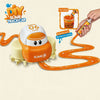 A DIY slime track car set featuring an orange vehicle and a slime track being built with a magic liquid.