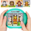 A hand holds a green rotating puzzle toy featuring a cartoon giraffe character.