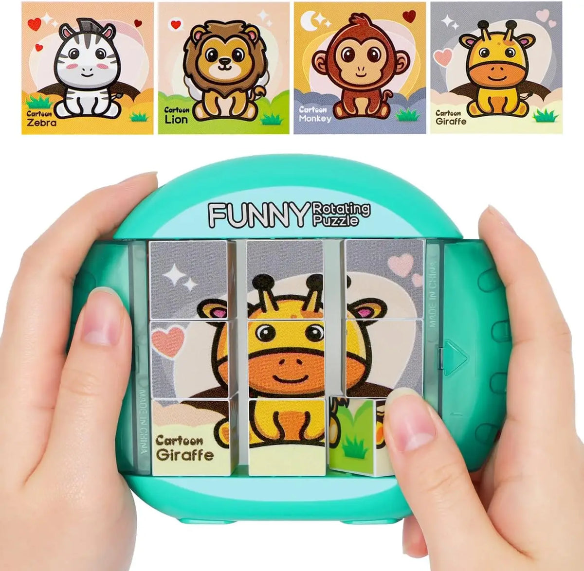 A hand holds a green rotating puzzle toy featuring a cartoon giraffe character.