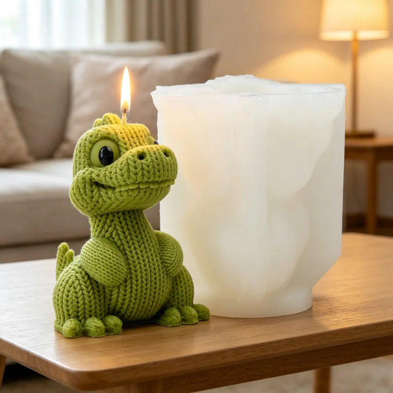 3D Knitted Dinosaur Silicone Candle Mold – Cute Sitting Dino Design for DIY Crafts