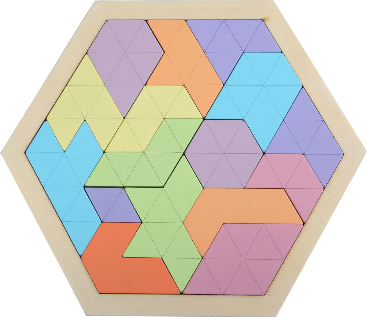 A wooden tangram puzzle set with various colored geometric shapes arranged in a hexagonal frame.