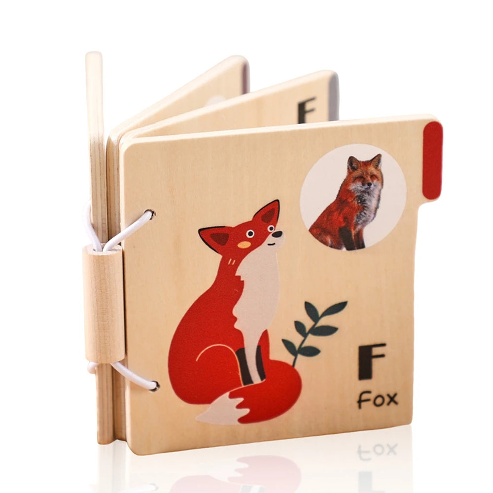 A wooden flap book featuring an illustration of a red fox for toddlers.