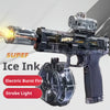 A black electric burst fire gun with a strobe light feature is shown, firing a stream of liquid and emitting light.