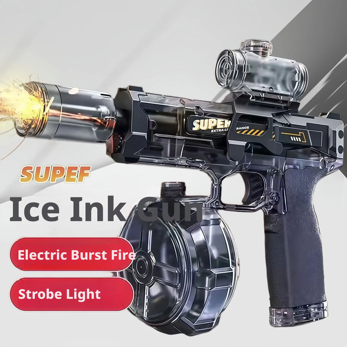 A black electric burst fire gun with a strobe light feature is shown, firing a stream of liquid and emitting light.