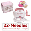 A white hand-operated knitting machine with a pink yarn ball and a spool of yarn, along with its packaging box.