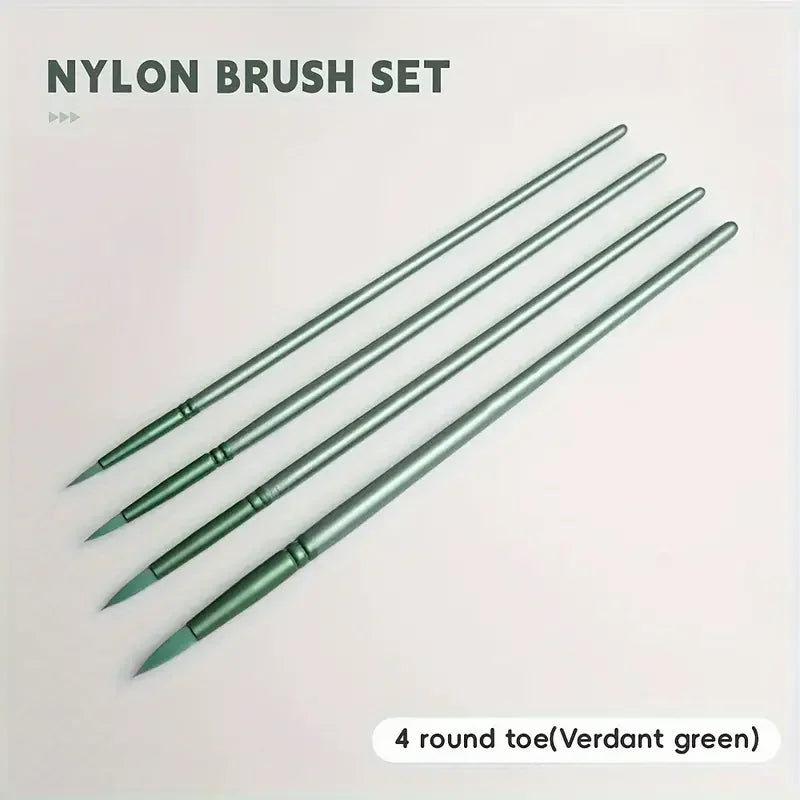 A set of four round nylon brushes in verdant green are displayed diagonally on a white background.