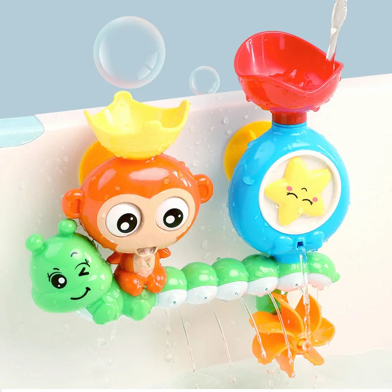 A cartoon monkey shower toy with a water sprinkler, featuring orange and green elements for kids.
