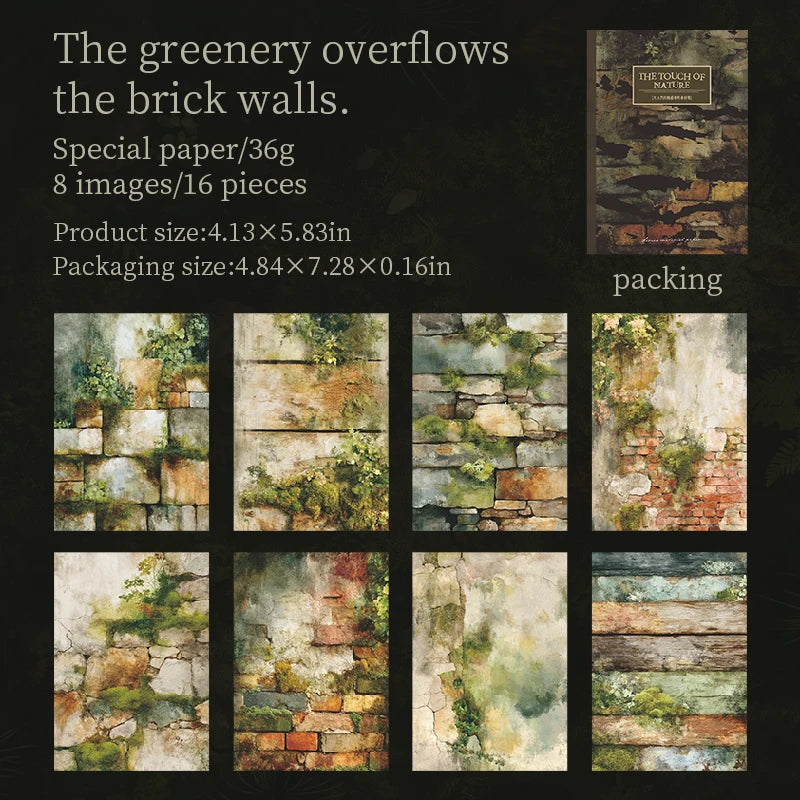 A collection of photographic images showing greenery overflowing brick walls, presented as a scrapbook paper pack.