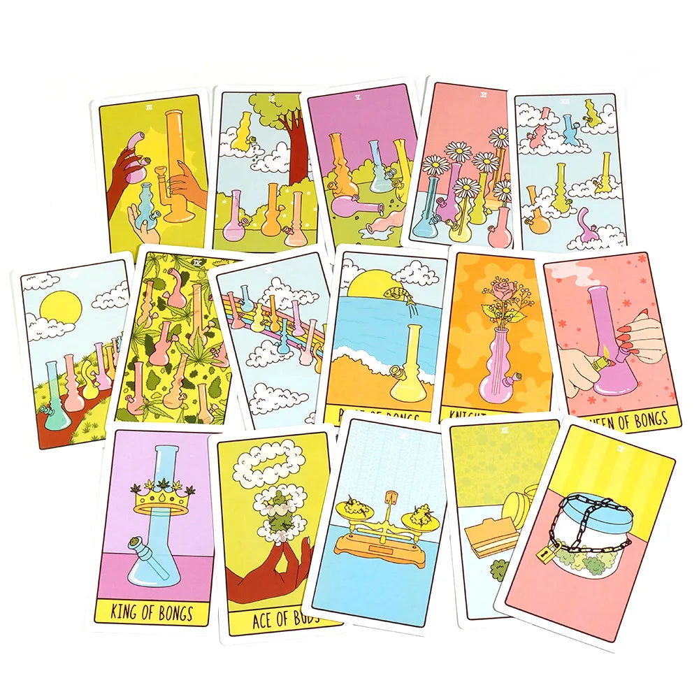 A collection of colorful tarot cards featuring various figures and symbols related to the King of Bongs, Ace of Bongs, and ot