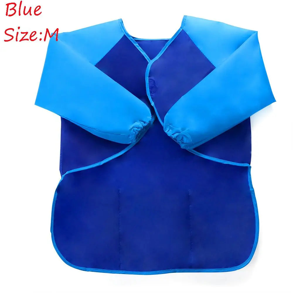 Blue waterproof kids art and baking apron with long sleeves