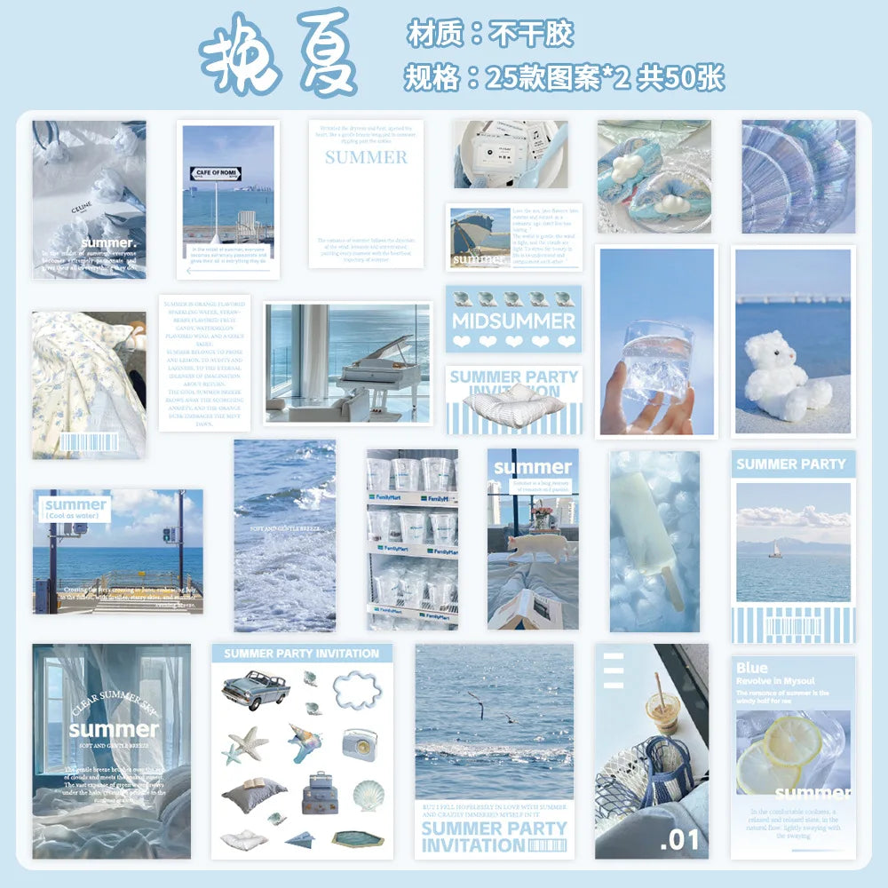A variety pack of 50 stickers featuring four seasons scenery and summer party themes
