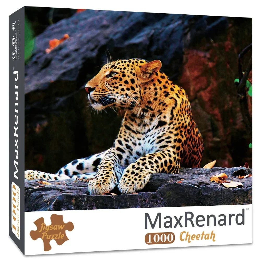 A jigsaw puzzle of a cheetah in a natural setting, featuring vibrant colors and texture.