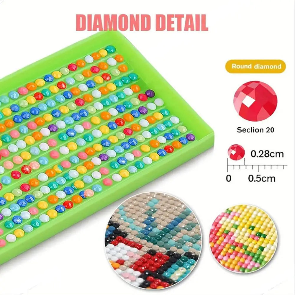 A green tray filled with colorful round diamonds for a diamond painting kit, showing various colors and a close-up of the fin