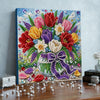A vibrant floral painting kit featuring colorful flowers and greenery on a wooden frame.