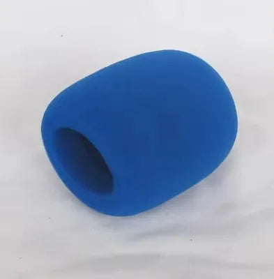 A smooth, blue foam windscreen pop filter cover for a microphone.