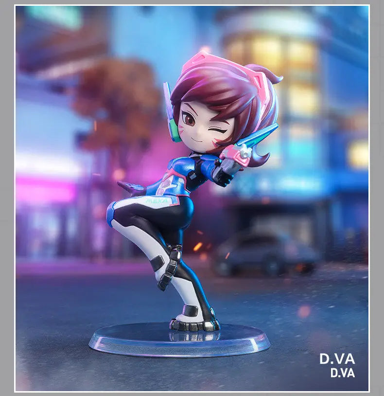 A collectible PVC figurine of a female character with pink hair and blue armor holding a futuristic weapon.