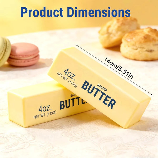 A yellow butter stick with the label 4oz salted butter and dimensions shown next to baked goods.