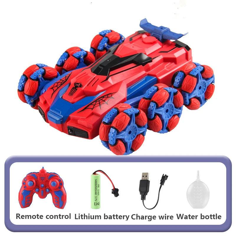 A red and blue remote control stunt car with lights and spray effect, shown next to its battery charger and water bottle.