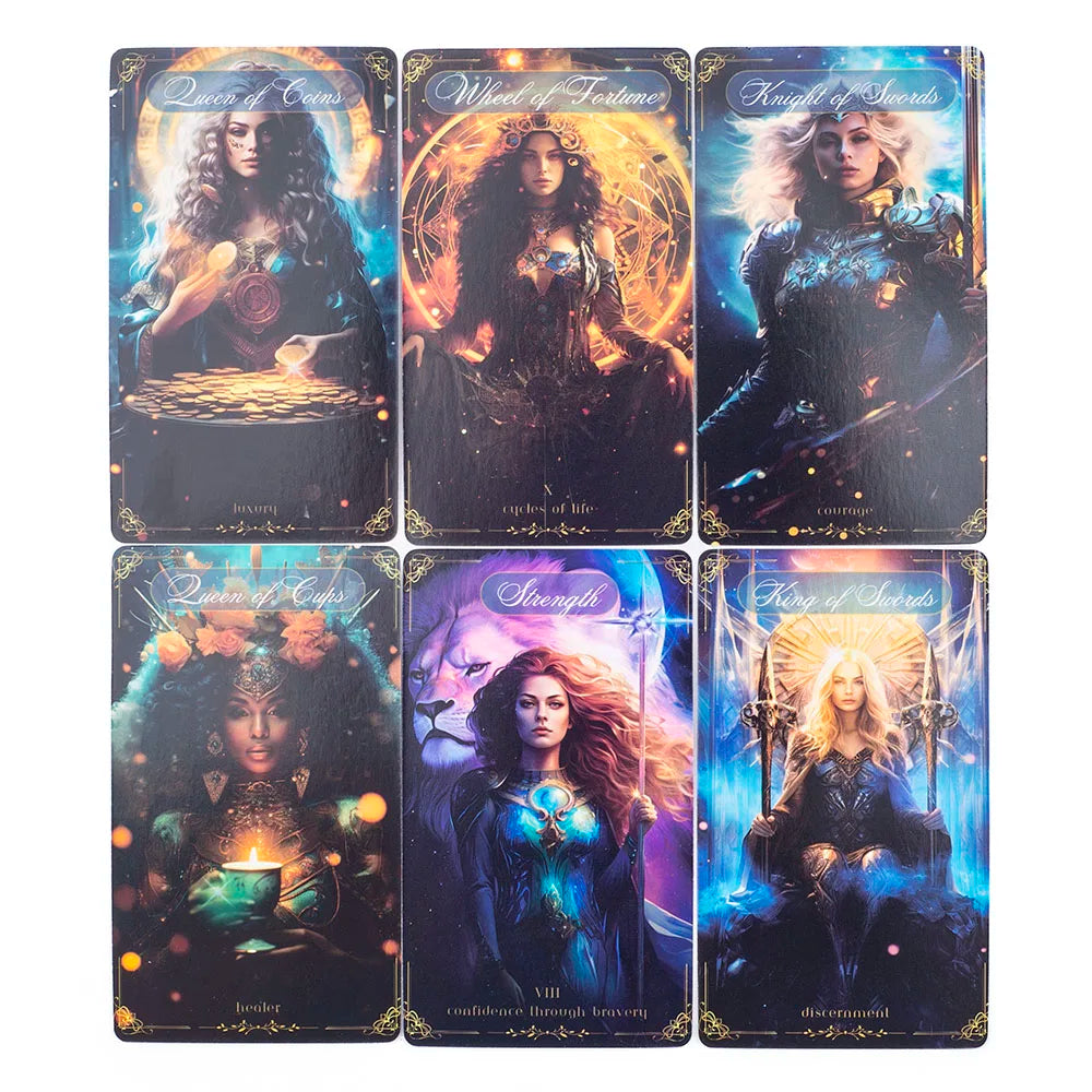 A set of six illustrated tarot cards featuring queens and kings with dark, mystical themes.