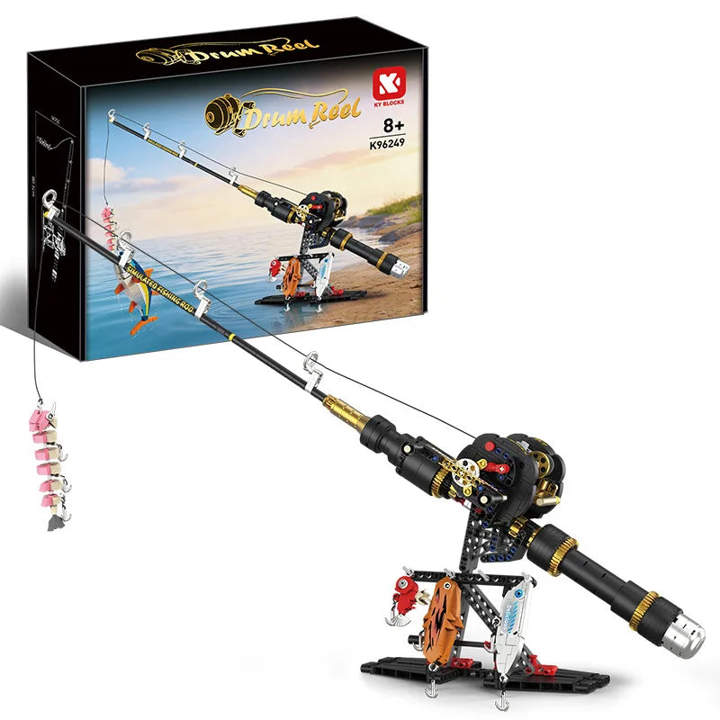 A black box set of a fishing rod building block kit with an assembled model and display stand.