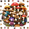 A vibrant jigsaw puzzle featuring various mushrooms, forest elements, and natural textures.