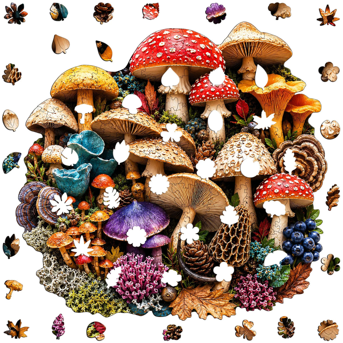A vibrant jigsaw puzzle featuring various mushrooms, forest elements, and natural textures.