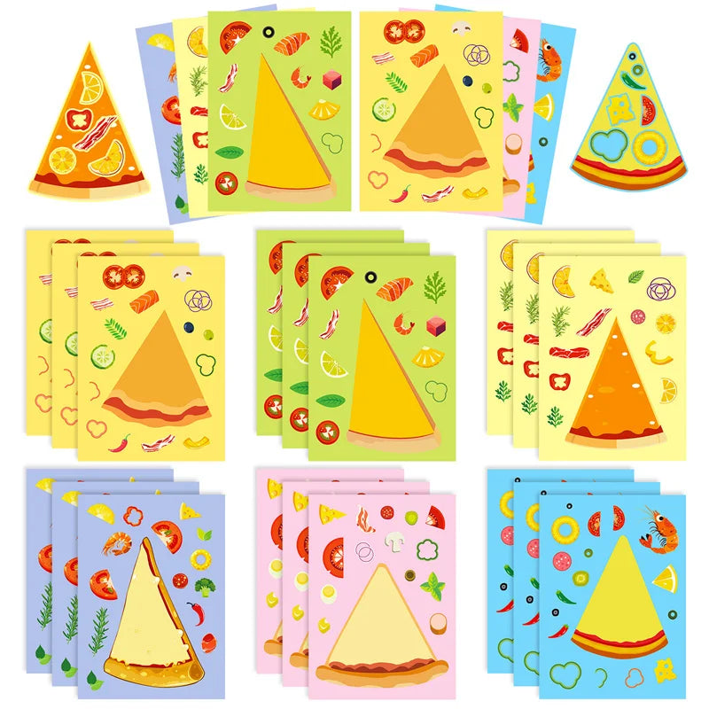 A collection of colorful DIY pizza sticker craft kits featuring various pizza designs and ingredients for kids
