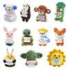 A collection of handmade crochet pocket hug dolls featuring various animal characters and inspirational slogans.