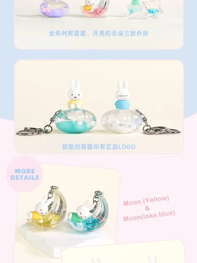 A set of Miffy Dream keychains featuring a rabbit charm in various colors including yellow and lake blue.