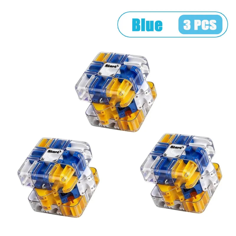 Three blue puzzle ball maze cubes for kids
